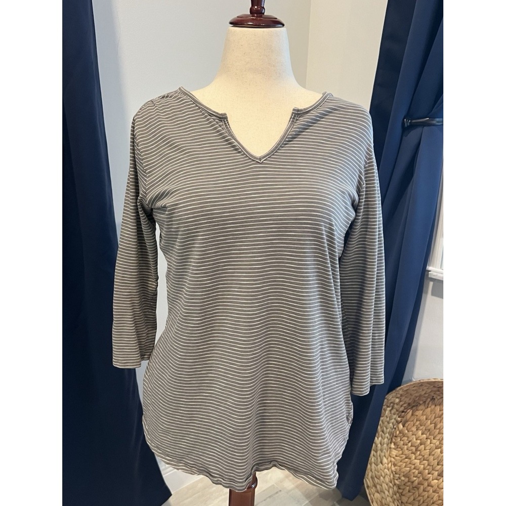 TOAD&CO Gray Striped 3/4 Sleeve Shirt Large Hiking- Office-Lounge-Travel-Eco